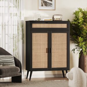 Rovaurx Accent Floor Storage Cabinet with Rattan Doors, Bathroom Cabinet with Large Drawer, Floor Cabinet Organizer, Black and Natural BMGZ107B