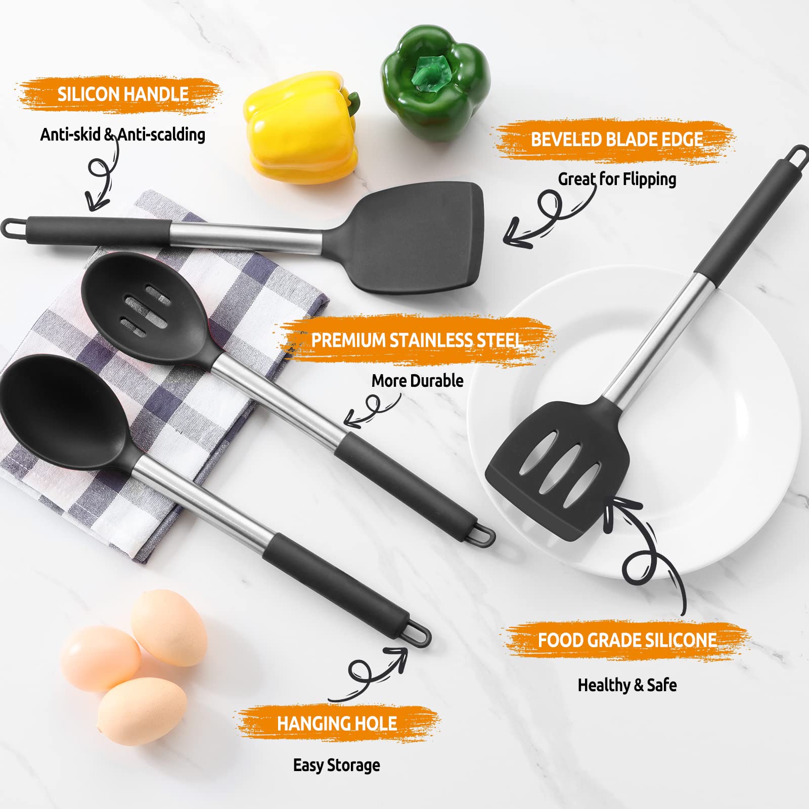 E-far Cooking Utensils Set of 4, Silicone Kitchen Utensils for Non-stick Cookware, Heat Resistant & Non-toxic Slotted Spatula Solid Spoon Turner for Flipping Mixing Serving Basting(Black)