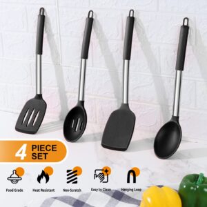 E-far Cooking Utensils Set of 4, Silicone Kitchen Utensils for Non-stick Cookware, Heat Resistant & Non-toxic Slotted Spatula Solid Spoon Turner for Flipping Mixing Serving Basting(Black)