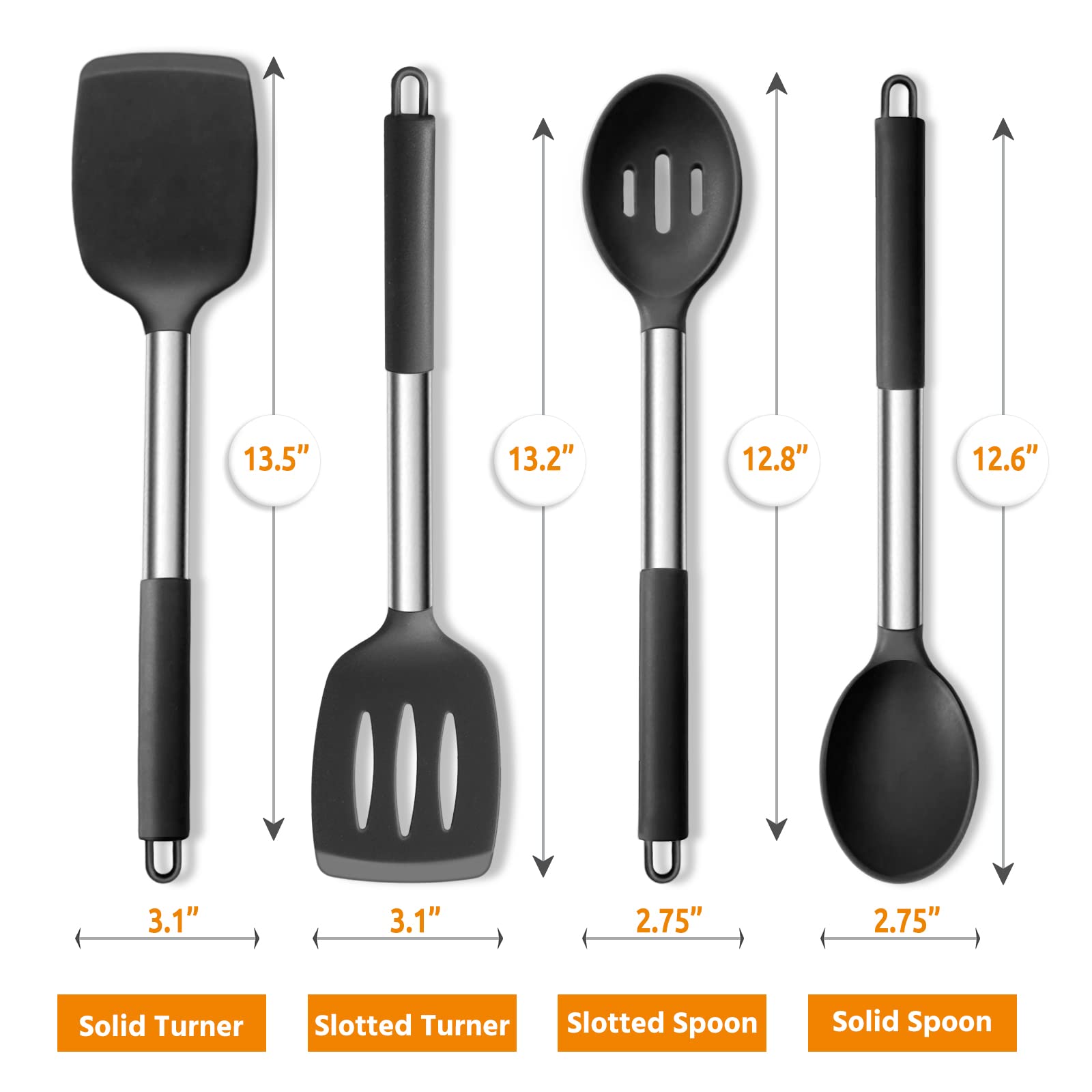 E-far Cooking Utensils Set of 4, Silicone Kitchen Utensils for Non-stick Cookware, Heat Resistant & Non-toxic Slotted Spatula Solid Spoon Turner for Flipping Mixing Serving Basting(Black)