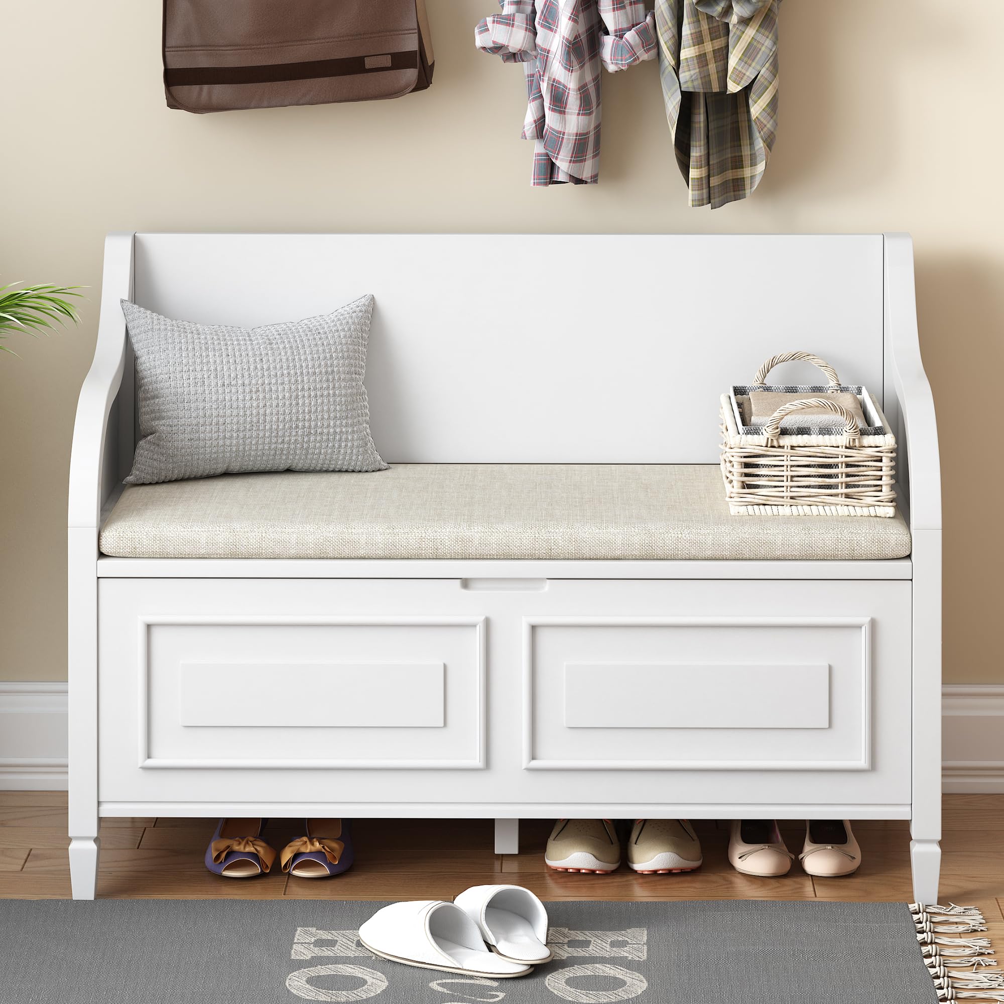 LUMISOL Storage Bench with Lift Top and Drawers Shoe Bench with Safety Hinge and Seating Cushion for Entryway (White)