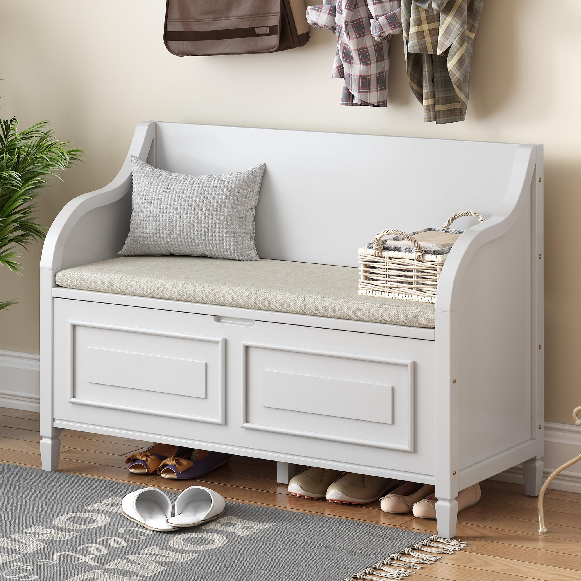 LUMISOL Storage Bench with Lift Top and Drawers Shoe Bench with Safety Hinge and Seating Cushion for Entryway (White)