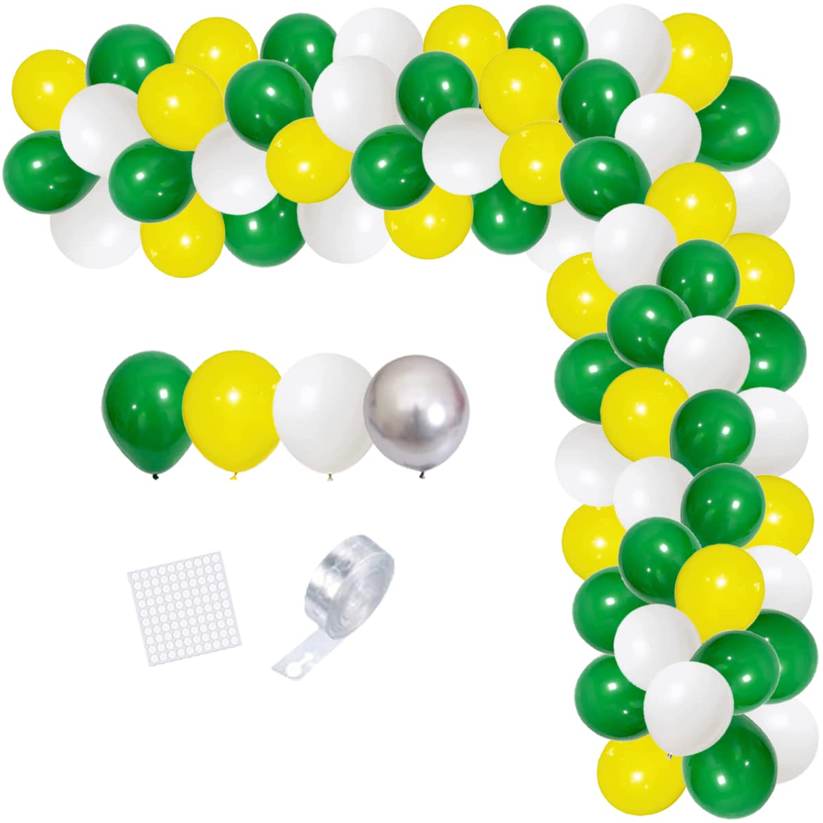 Dark Green White Silver Yellow Balloon Garland Arch Kit - 122PCS Yellow Green and White Balloons Green Balloon Arch for Soccer Golf Birthday Tractor Baby Shower Anniversary Party Decorations