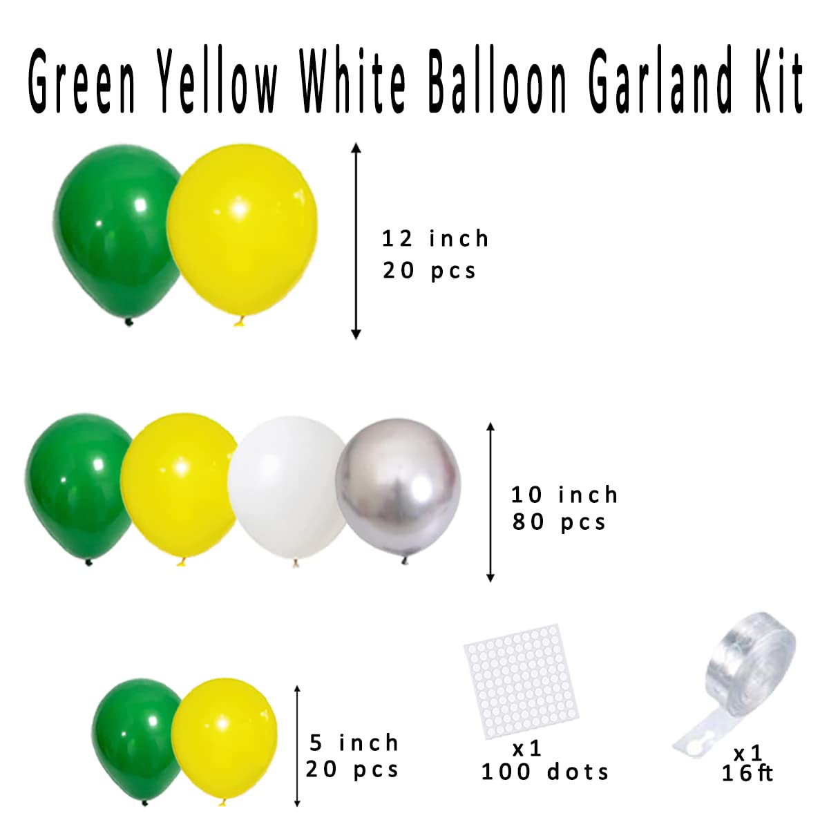 Dark Green White Silver Yellow Balloon Garland Arch Kit - 122PCS Yellow Green and White Balloons Green Balloon Arch for Soccer Golf Birthday Tractor Baby Shower Anniversary Party Decorations