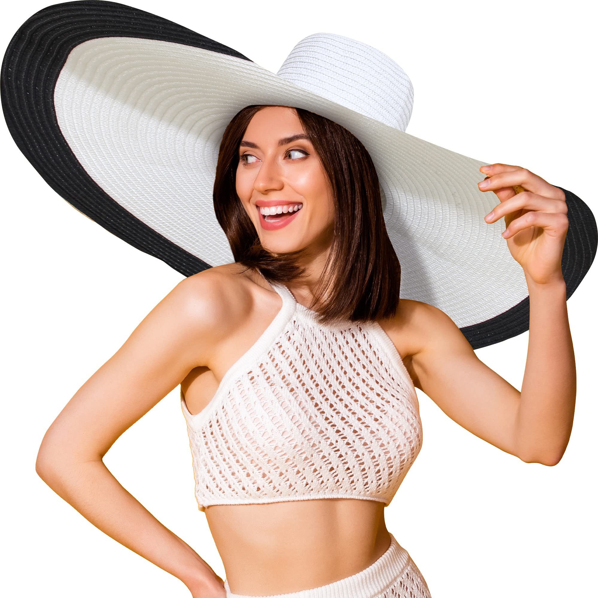 Oversized Sun Straw Hat for Women, UPF 50+ Floppy Wide Brim Summer Hat, Foldable Roll Up Travel Hat (Black White, 11.8 Inches Brim Width)