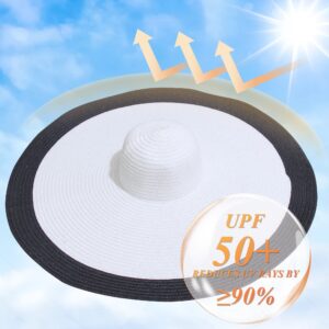 Oversized Sun Straw Hat for Women, UPF 50+ Floppy Wide Brim Summer Hat, Foldable Roll Up Travel Hat (Black White, 11.8 Inches Brim Width)