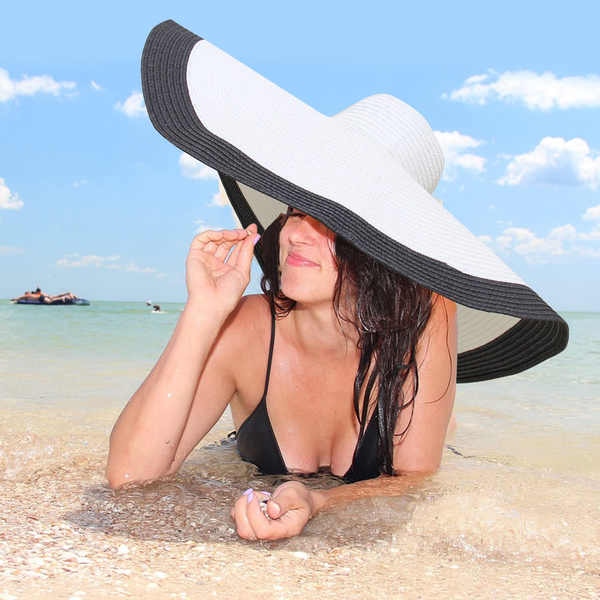 Oversized Sun Straw Hat for Women, UPF 50+ Floppy Wide Brim Summer Hat, Foldable Roll Up Travel Hat (Black White, 11.8 Inches Brim Width)