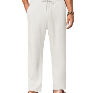 COOFANDY Mens Linen Loose Pants Lightweight Elastic Waist Summer Trouser Yoga Beach Pant with Pockets White Small