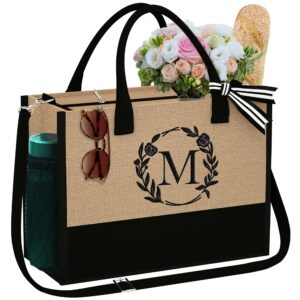 yoolife gifts for women - birthday gifts for women, initial tote bag birthday gifts for women teacher appreciation gifts m letter jute tote bag gifts for women mom teacher friend female gifts