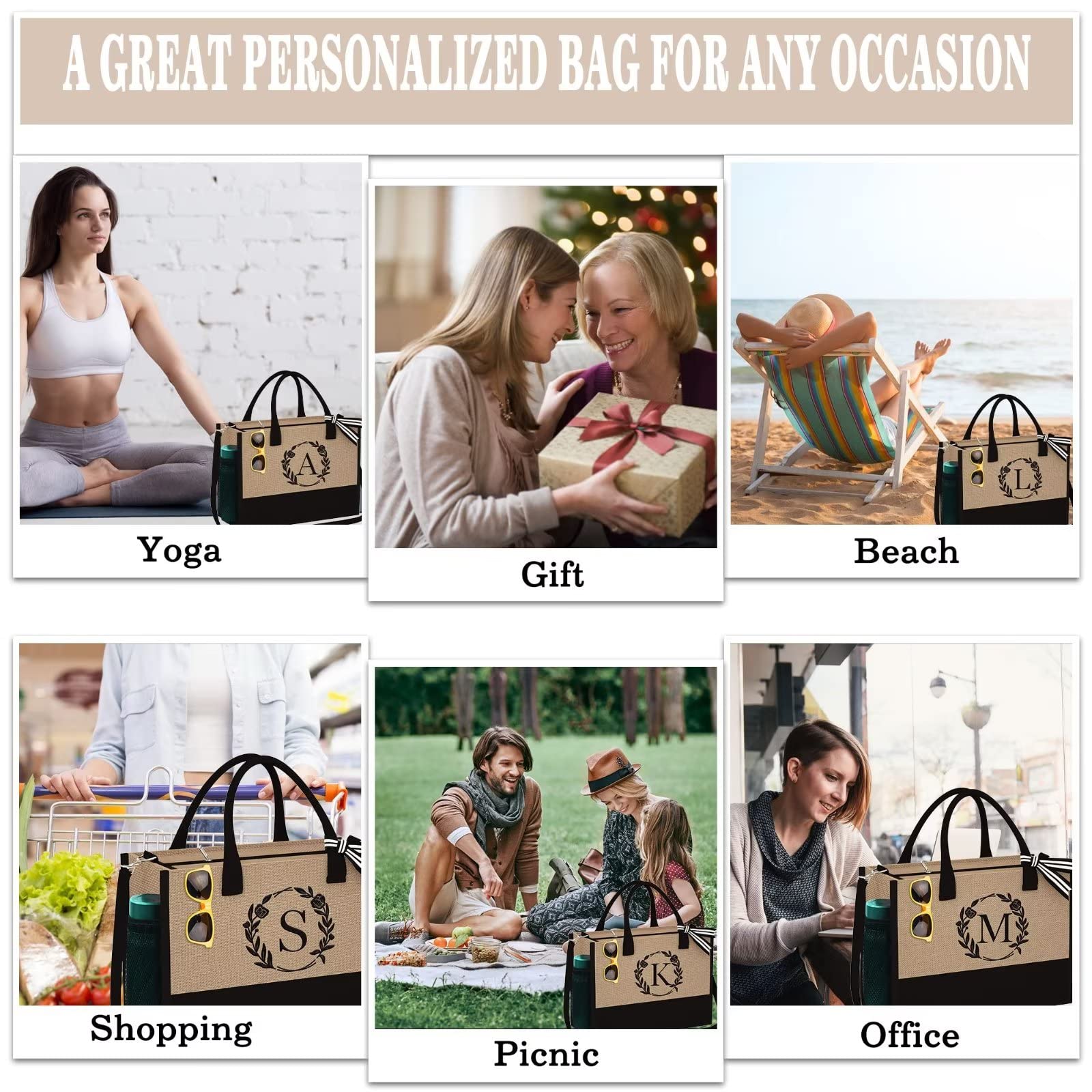 YOOLIFE Gifts for Women - Birthday Gifts for Women, Initial Tote Bag Birthday Gifts for Women Teacher Appreciation Gifts M Letter Jute Tote Bag Gifts for Women Mom Teacher Friend Female Gifts