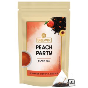 brewix, peach party (22 pyramid tea bags) | black tea with peach | premium black tea with peach | floral & refreshing peach tea bags | iced tea bags | caffeinated and sugar-free