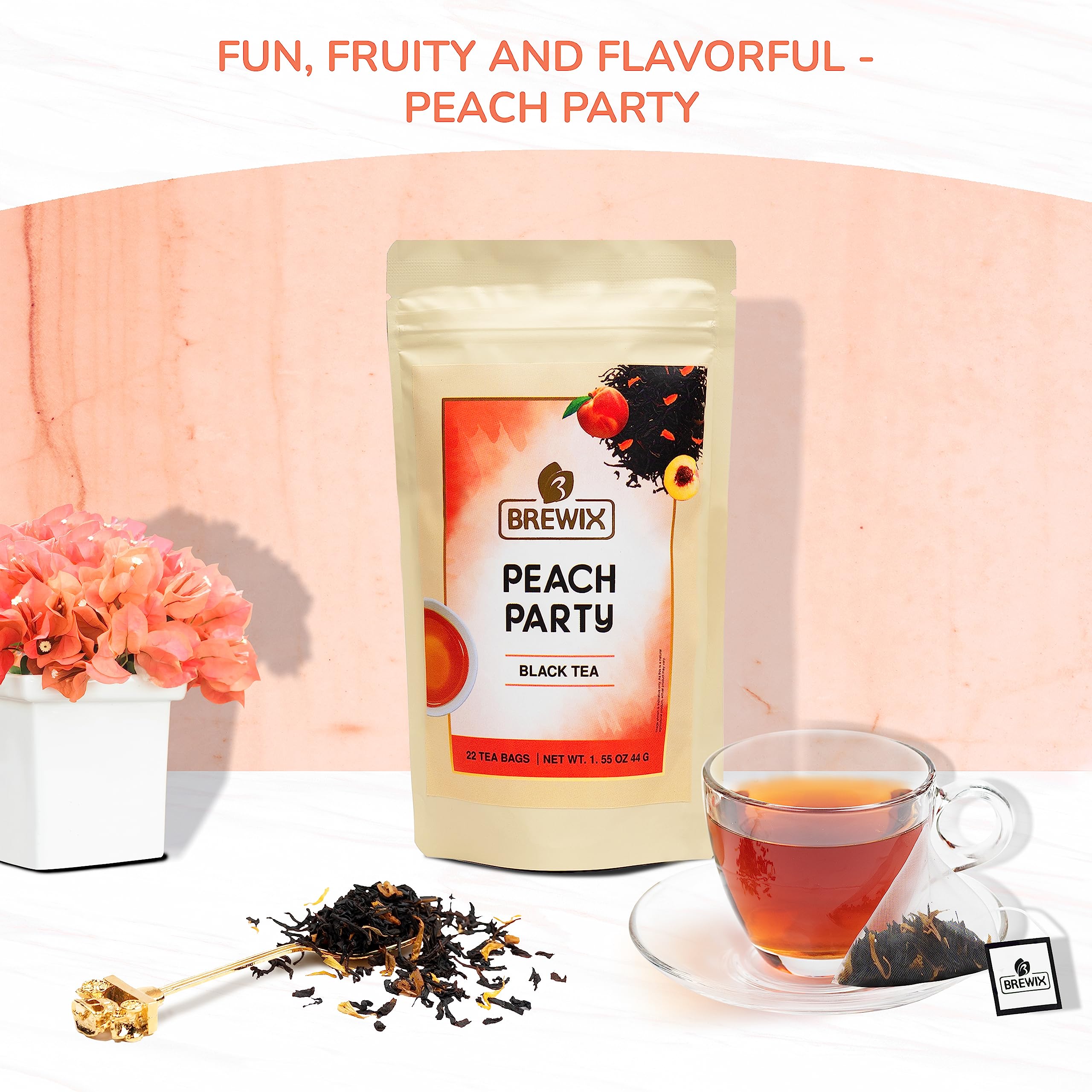 BREWIX, Peach Party (22 Pyramid Tea Bags) | Black Tea with Peach | Premium Black Tea with Peach | Floral & Refreshing Peach Tea Bags | Iced Tea Bags | Caffeinated And Sugar-Free