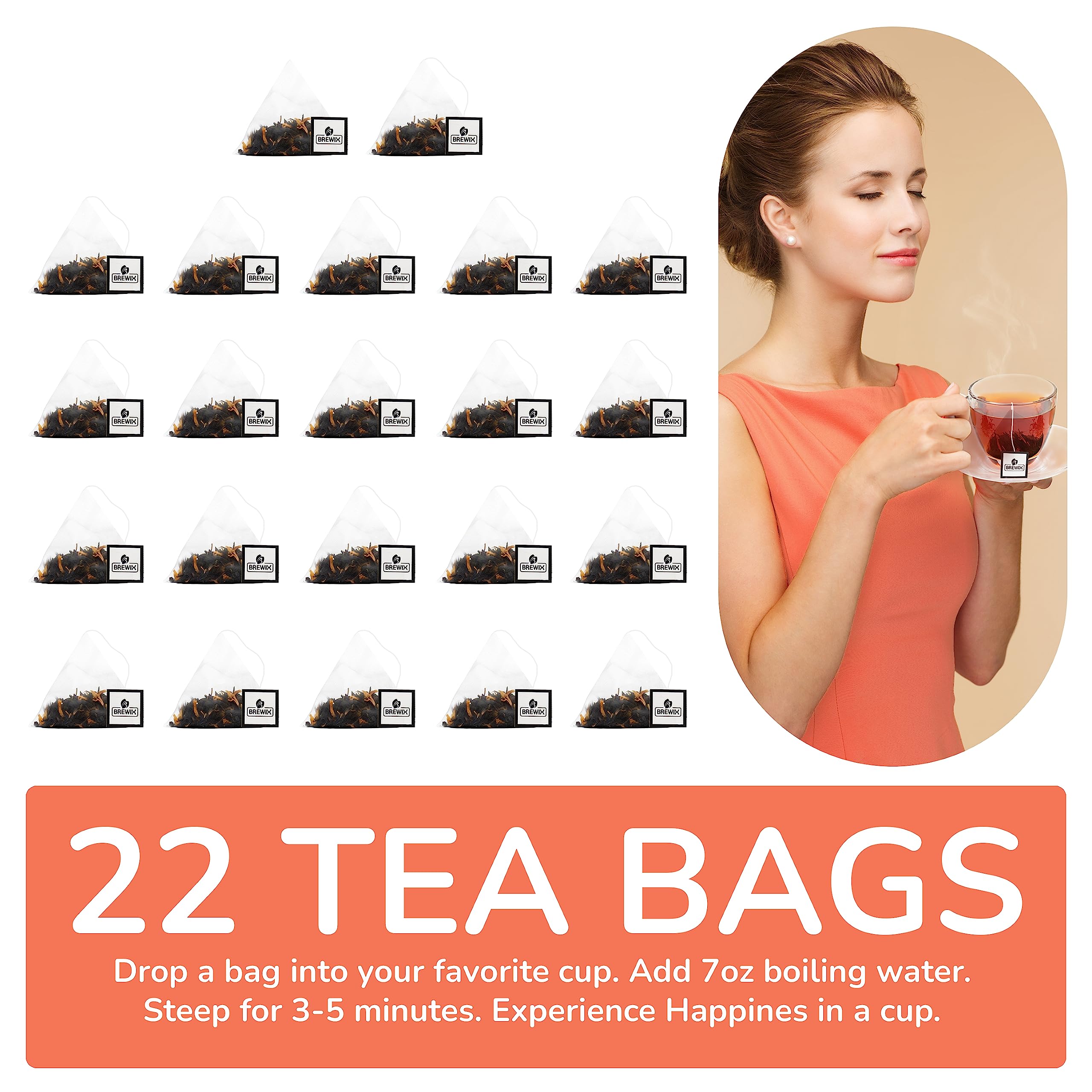 BREWIX, Peach Party (22 Pyramid Tea Bags) | Black Tea with Peach | Premium Black Tea with Peach | Floral & Refreshing Peach Tea Bags | Iced Tea Bags | Caffeinated And Sugar-Free