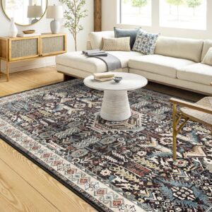 Washable Living Room Area Rug - 8x10 Large Bedroom Rug Distressed Oriental Non-Slip Non-Shedding Print Floor Carpet for Dining Room Kitchen (Black, 8 x 10)