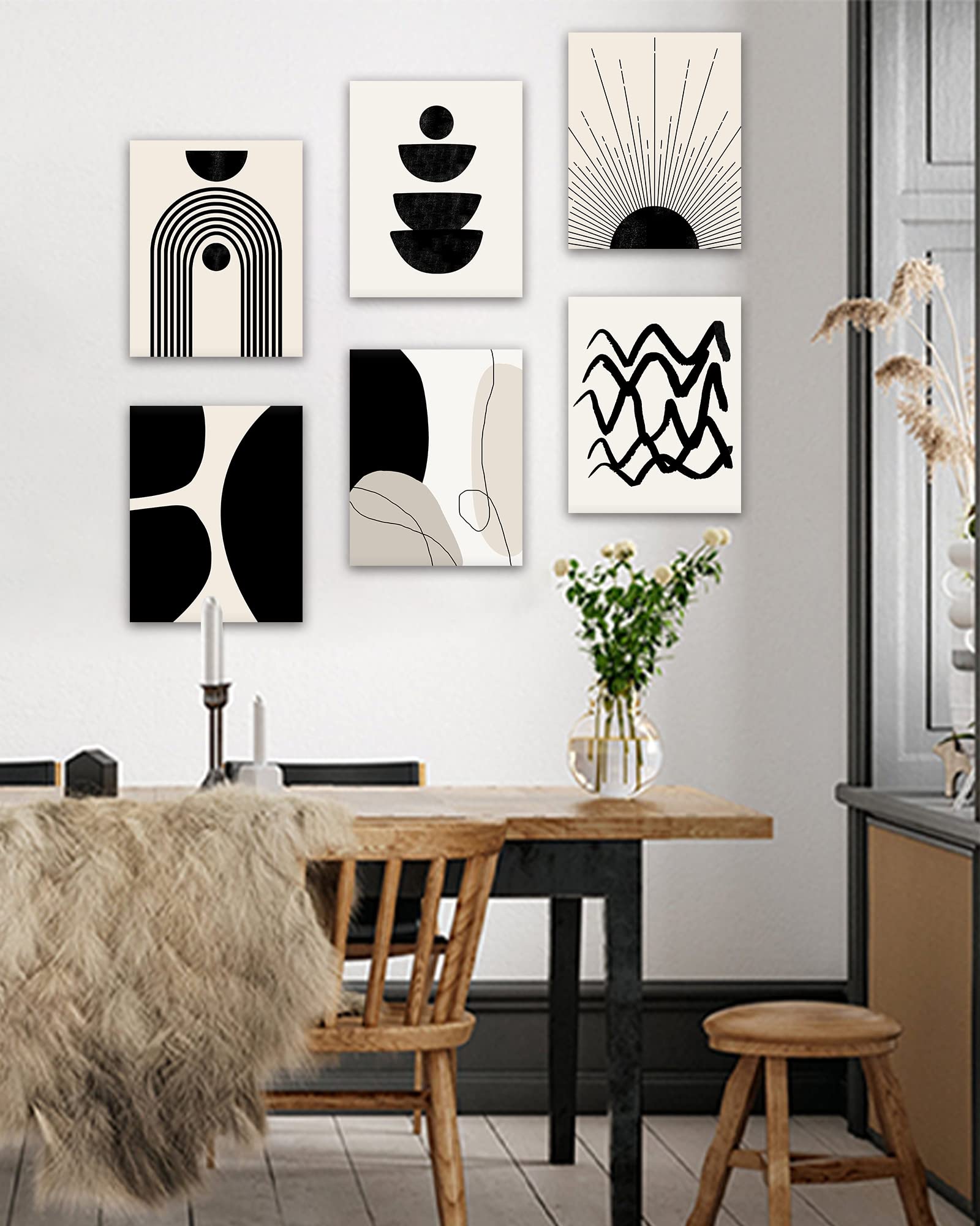 𝗗𝗿𝘀𝗼𝘂𝗺 Abstract Boho Wall Art Minimalist Geometric 𝗙𝗿𝗮𝗺𝗲𝗱 Wall Decor Boho Room Decor Black Brown Beige Line Art Canvas Painting Mid Century Modern Prints Bohemian Posters for Living Room Bedroom