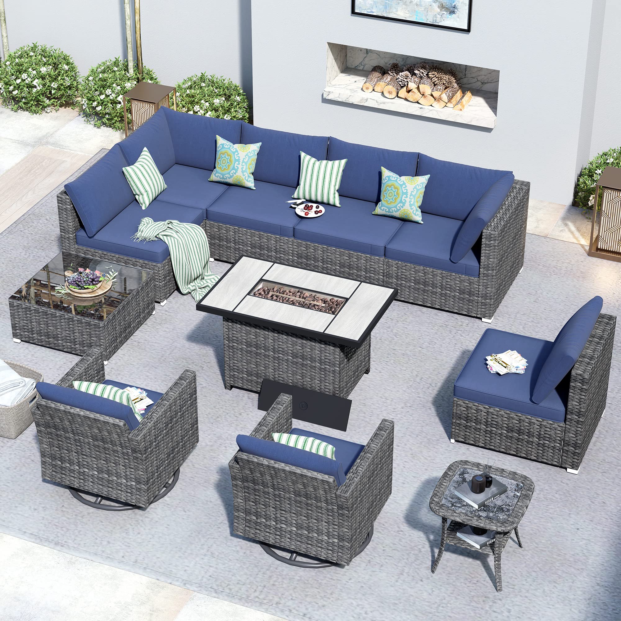 XIZZI Patio Furniture Outdoor Sectional Sofa Swivel Rocking Chairs 11 Piece All Weather PE Rattan Wicker Conversation Sets with Fire Pit Table for Backyard Deck Garden,Denim Blue