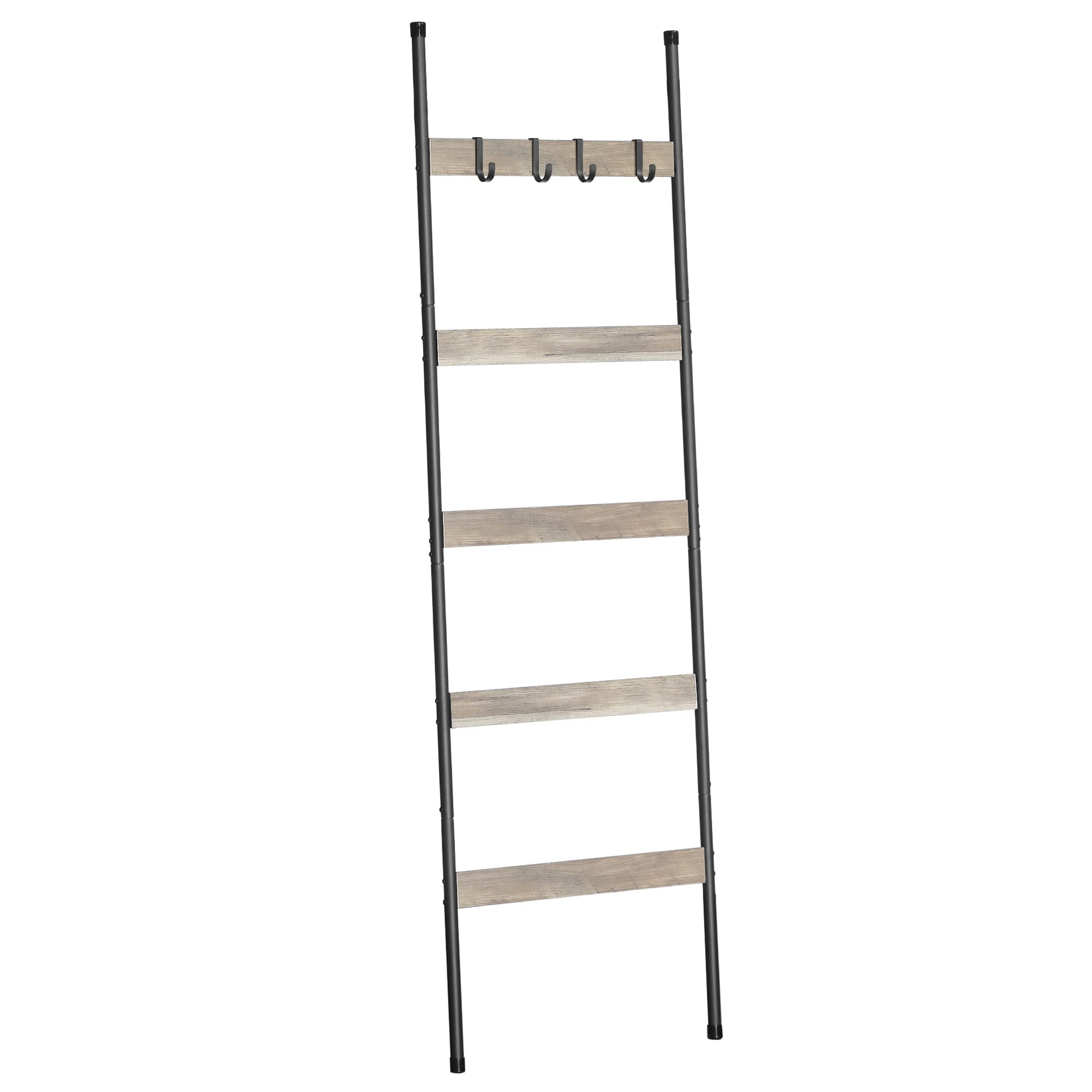 ELYKEN Blanket Ladder for Living Room, Farmhouse 5 -Tier Quilt Holder with 4 Removable Hooks for Bathroom, Wood Towel Rack Display, Wall Anchor Leaning Decorative Stand for Home Decor, White Oak