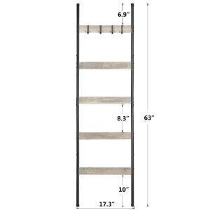 ELYKEN Blanket Ladder for Living Room, Farmhouse 5 -Tier Quilt Holder with 4 Removable Hooks for Bathroom, Wood Towel Rack Display, Wall Anchor Leaning Decorative Stand for Home Decor, White Oak