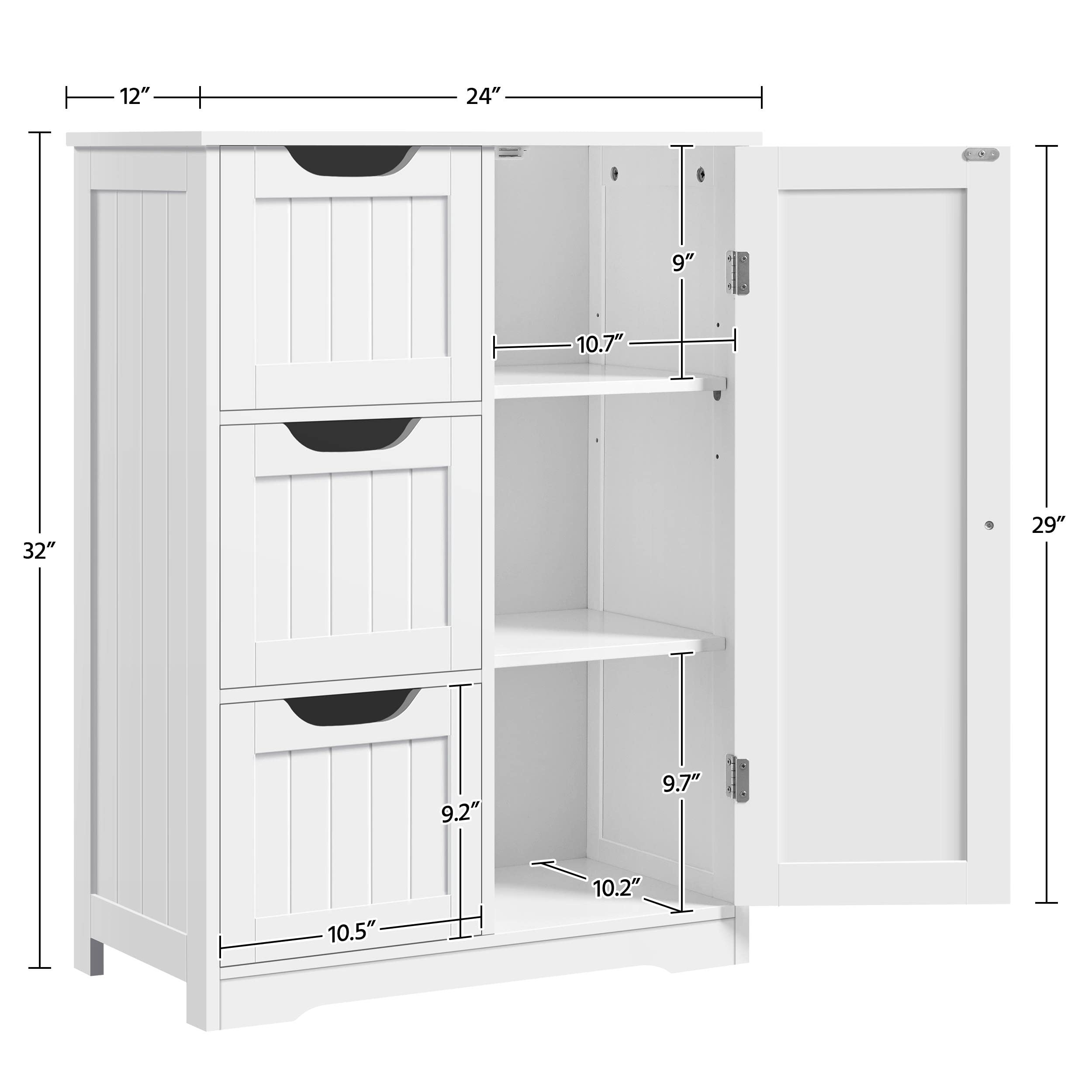 Yaheetech Bathroom Floor Storage Cabinet, Bathroom Freestanding Cabinet with 3 Large Drawers & Adjustable Shelf, 12 x 24 x 32 Inches, White