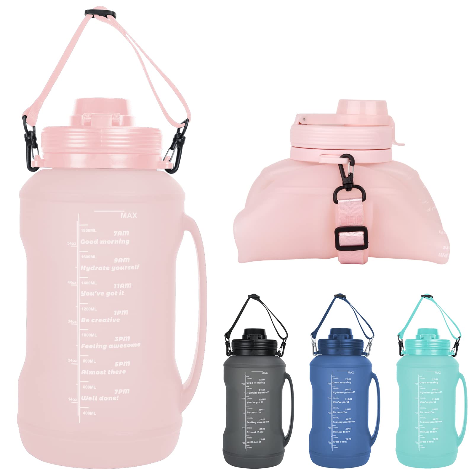 Collapsible Water Bottles, 2L/64OZ travel water bottle Bottle with Straw, Half Gallon Large Water Bottle for Travel Outdoor Sports Runing Fitness Yoga (Upgraded pink)