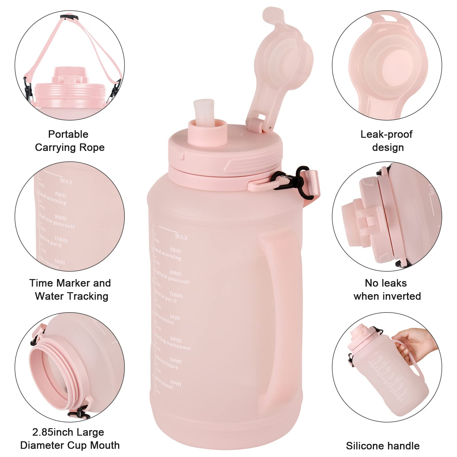 Collapsible Water Bottles, 2L/64OZ travel water bottle Bottle with Straw, Half Gallon Large Water Bottle for Travel Outdoor Sports Runing Fitness Yoga (Upgraded pink)