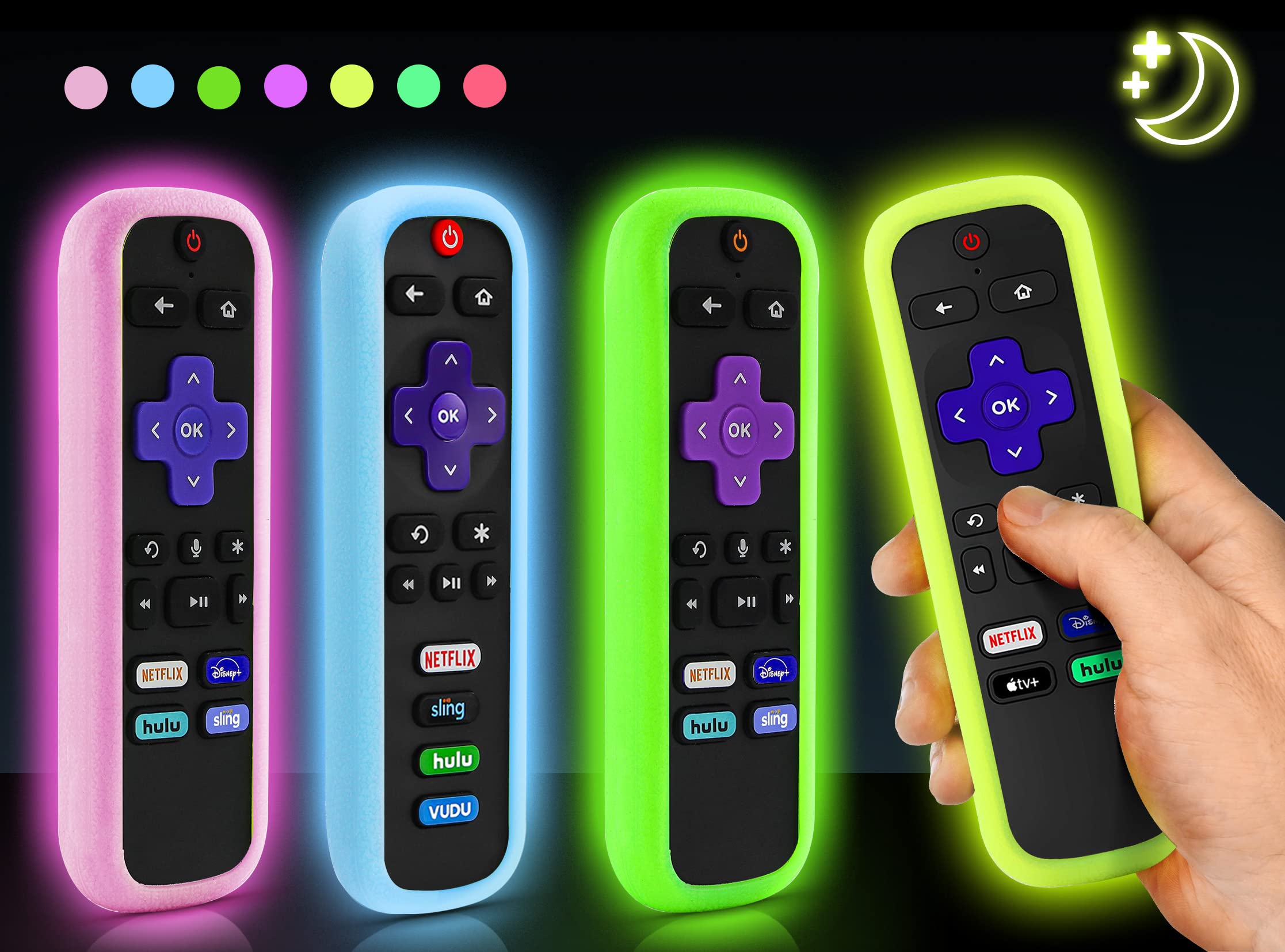 （4 Pack） ONEBOM Cover for Roku Remote, Cover for Hisense/TCL Roku TV Steaming Stick/Express Universal Replacement Controller Silicone Sleeve Skin Glow in The Dark （Green Pink Blue Yellow）