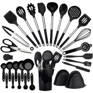 Hvygss Kitchen Utensils Set with Holder, Black Silicone Cooking Utensils Set Dishwasher Safe Stainless Steel Handle Spoons Spatula Set Heat Resistant Kitchen Tools