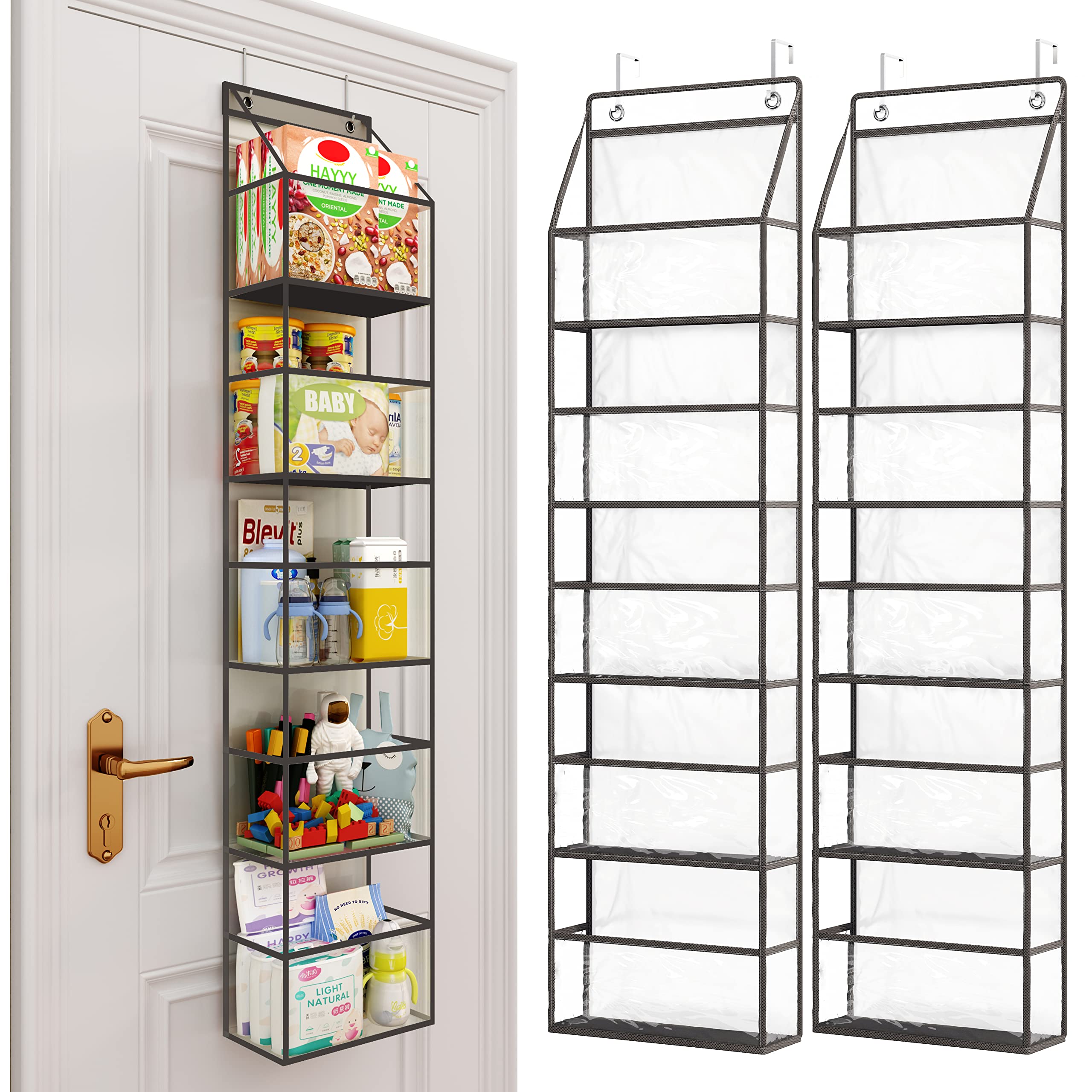 Fixwal 2 Pack Over The Door Pantry Organizer Hanging Storage Room Organizer 5-Shelf with Clear Plastic Pockets Large Capacity for Closet Bedroom Bathroom (Grey)