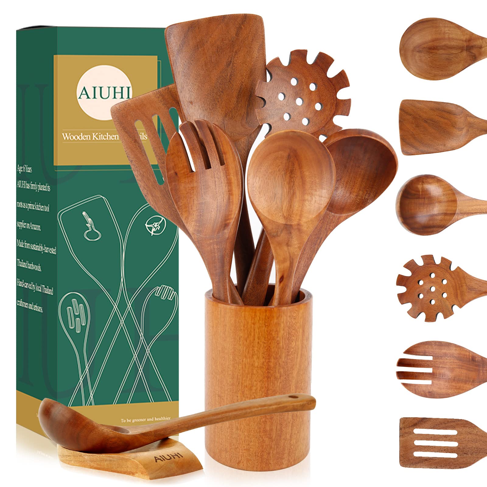 AIUHI Wooden Kitchen Utensil Set, Wooden Spoons for Cooking, Teak Wood Utensils with Holder And Spoon Rest, Non-Stick Kitchen Utensils Set, Spatula Set with Holder (TEAK WOOD)