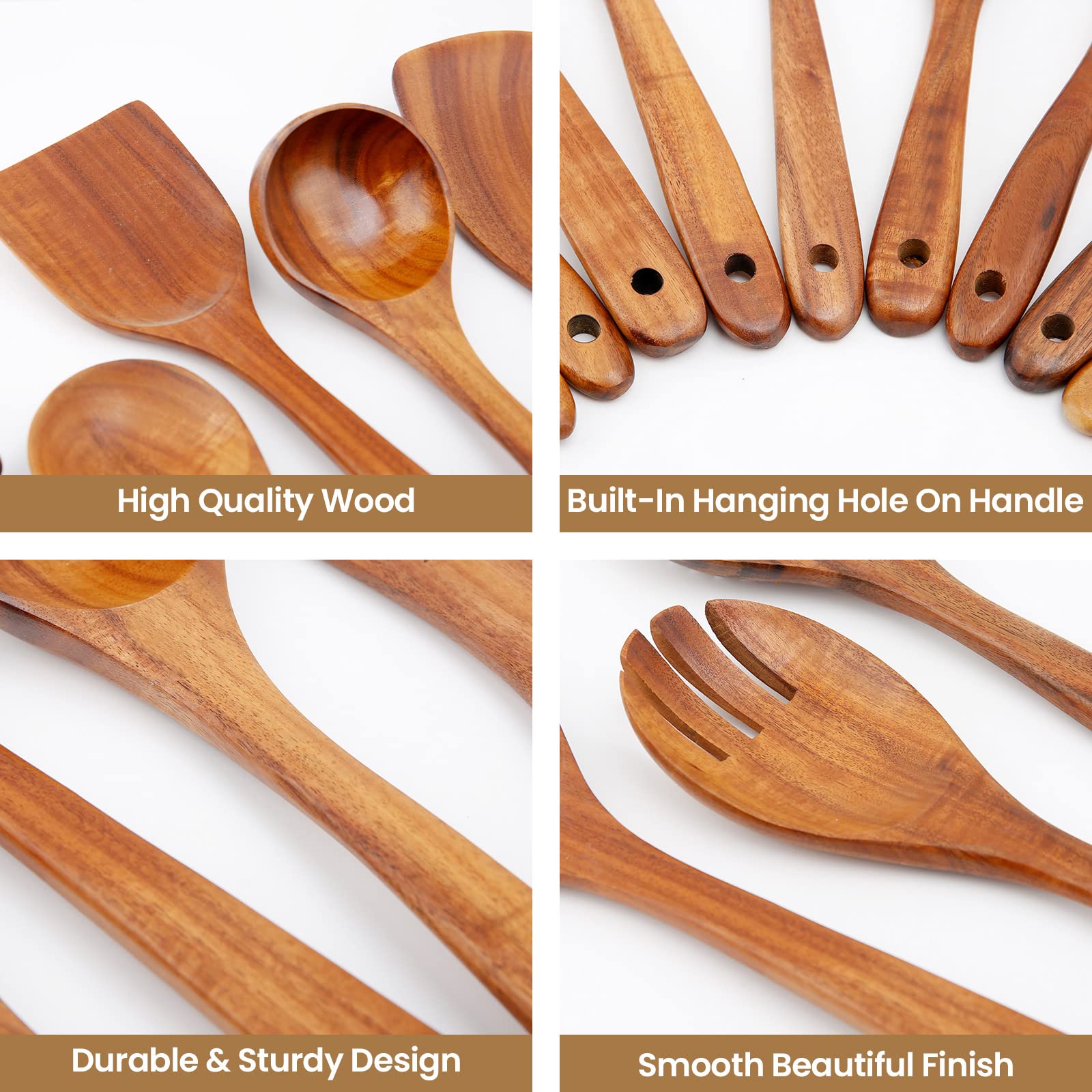 AIUHI Wooden Kitchen Utensil Set, Wooden Spoons for Cooking, Teak Wood Utensils with Holder And Spoon Rest, Non-Stick Kitchen Utensils Set, Spatula Set with Holder (TEAK WOOD)