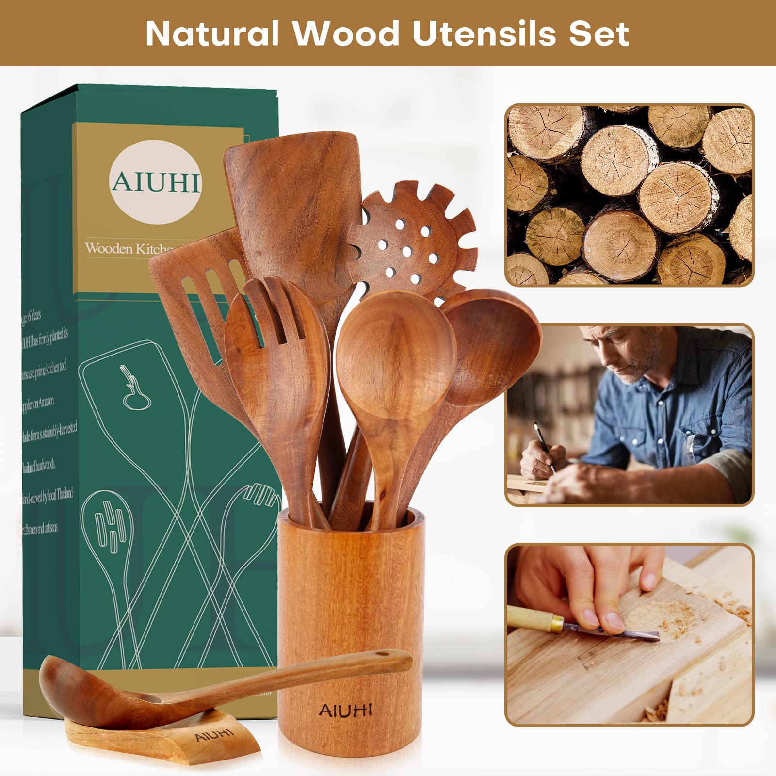 AIUHI Wooden Kitchen Utensil Set, Wooden Spoons for Cooking, Teak Wood Utensils with Holder And Spoon Rest, Non-Stick Kitchen Utensils Set, Spatula Set with Holder (TEAK WOOD)