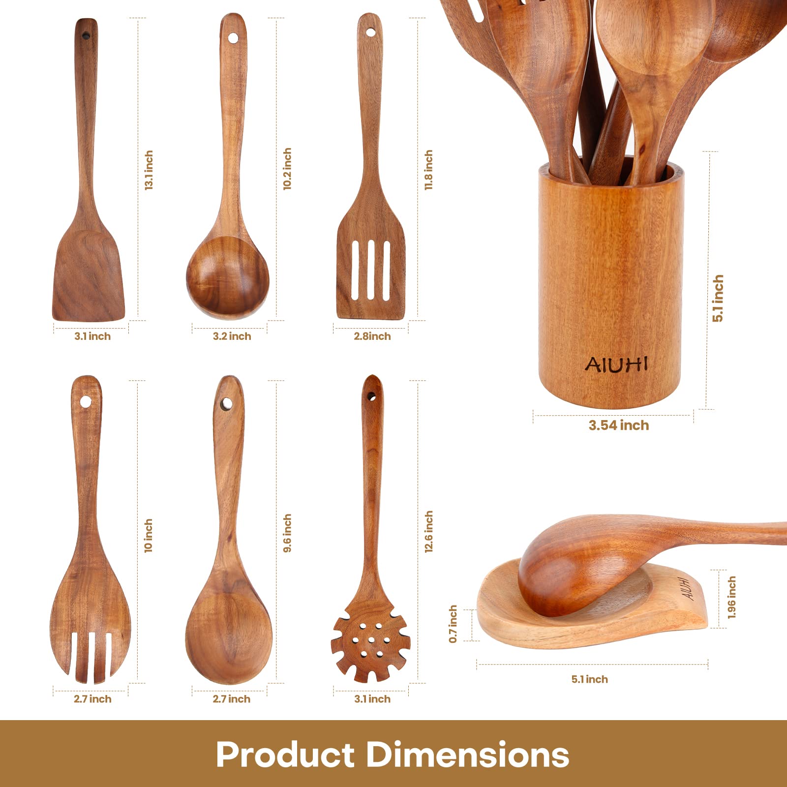 AIUHI Wooden Kitchen Utensil Set, Wooden Spoons for Cooking, Teak Wood Utensils with Holder And Spoon Rest, Non-Stick Kitchen Utensils Set, Spatula Set with Holder (TEAK WOOD)