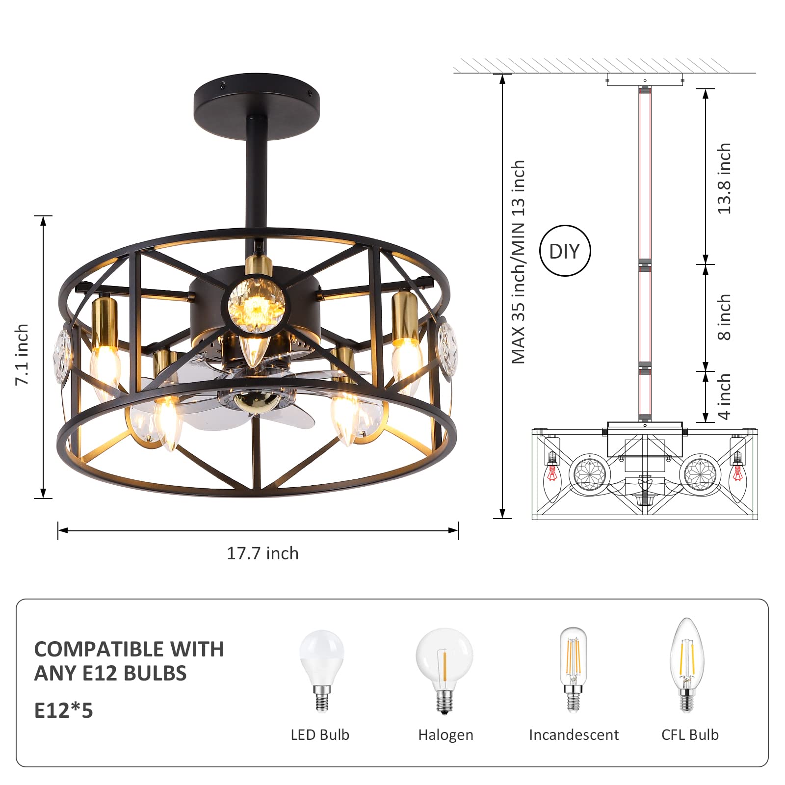 PAZALA Ceiling Fan with Light - Black Caged Ceiling Fan with Lights and Remote, Rustic Farmhouse Chandelier Ceiling Fan with 5 Lights, 3 Speed Reversible Airflow