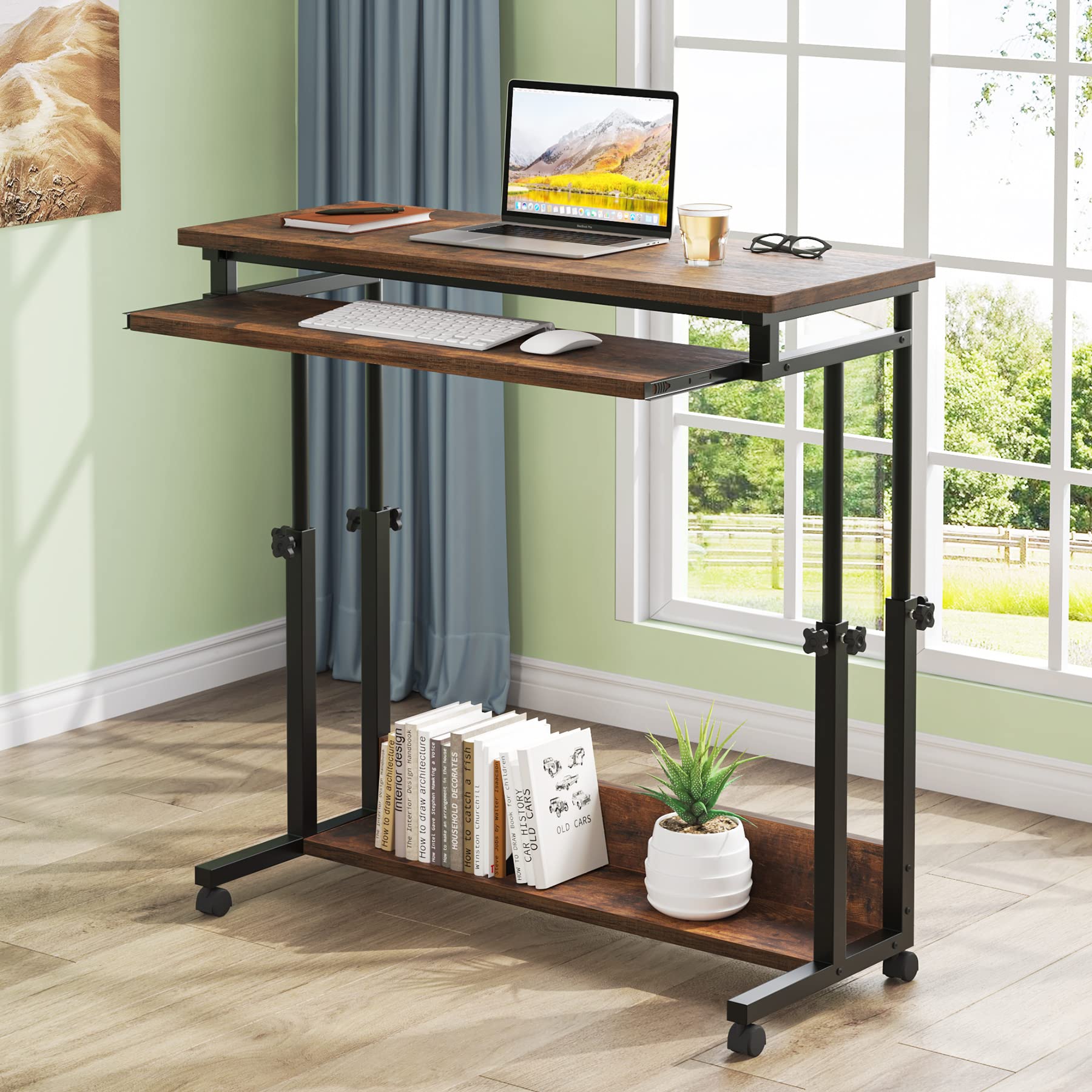 LITTLE TREE Small Portable Computer Desk Mobile Standing Table, Brown