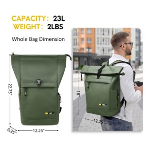 MIER Rolltop Travel Backpack for Men Women Water Resistant Carry on Casual Commuter Back Pack with Multiple Pockets for Work Business Trip, 23L, Green