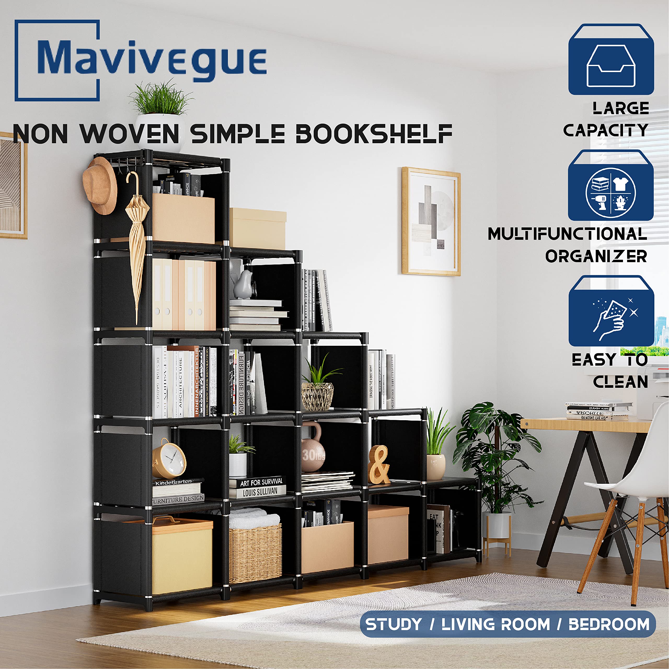 Mavivegue Bookshelf,16 Cube Storage Organizer,Book Shelf Organizer,Tall Bookcase Shelf,Black Cube Shelf Cubbies Closet Storage Organizer Shelves for Bedroom,Living Room,Home,Office, 16-Grid