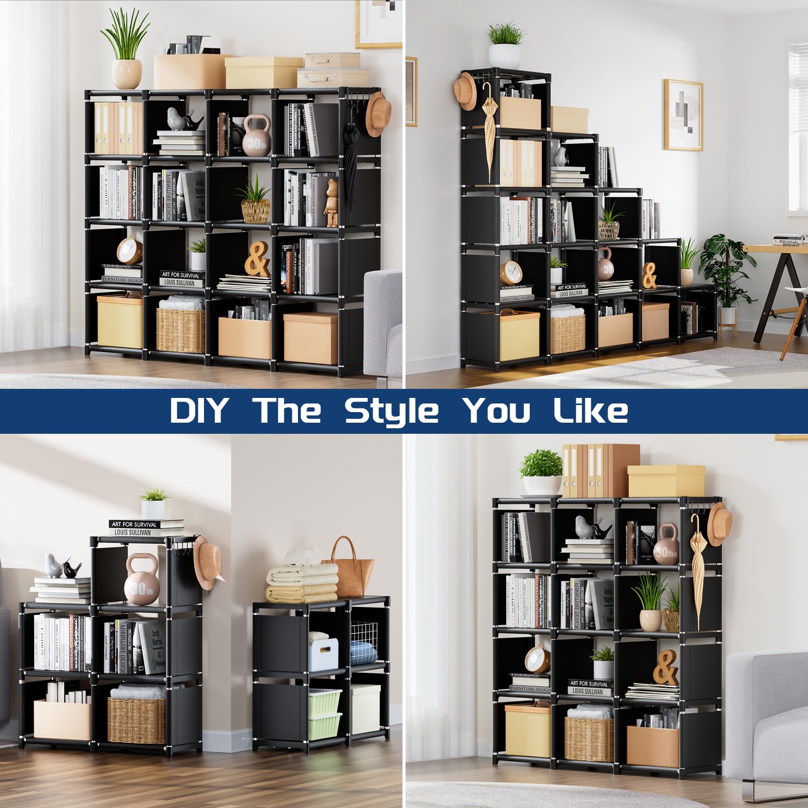 Mavivegue Bookshelf,16 Cube Storage Organizer,Book Shelf Organizer,Tall Bookcase Shelf,Black Cube Shelf Cubbies Closet Storage Organizer Shelves for Bedroom,Living Room,Home,Office, 16-Grid