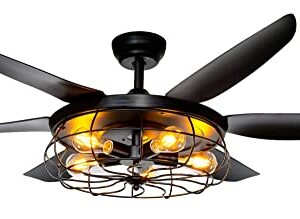 Ohniyou Ceiling Fans with Lights and Remote - 52 Inch Farmhouse Ceiling Fan with Caged Light Fixture - Black Industrial Outdoor Ceiling Fan Lights for Patio, Living Room, Kitchen & Bedroom