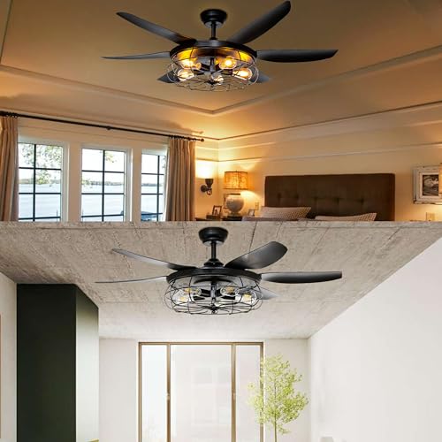 Ohniyou Ceiling Fans with Lights and Remote - 52 Inch Farmhouse Ceiling Fan with Caged Light Fixture - Black Industrial Outdoor Ceiling Fan Lights for Patio, Living Room, Kitchen & Bedroom