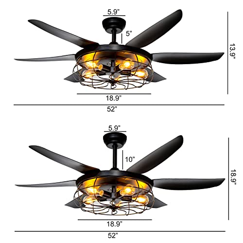 Ohniyou Ceiling Fans with Lights and Remote - 52 Inch Farmhouse Ceiling Fan with Caged Light Fixture - Black Industrial Outdoor Ceiling Fan Lights for Patio, Living Room, Kitchen & Bedroom