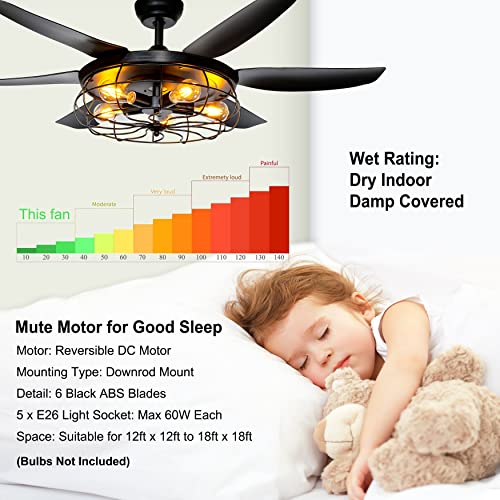 Ohniyou Ceiling Fans with Lights and Remote - 52 Inch Farmhouse Ceiling Fan with Caged Light Fixture - Black Industrial Outdoor Ceiling Fan Lights for Patio, Living Room, Kitchen & Bedroom