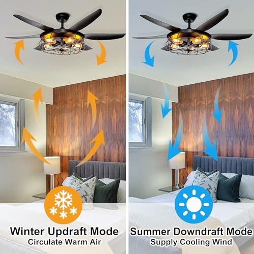 Ohniyou Ceiling Fans with Lights and Remote - 52 Inch Farmhouse Ceiling Fan with Caged Light Fixture - Black Industrial Outdoor Ceiling Fan Lights for Patio, Living Room, Kitchen & Bedroom