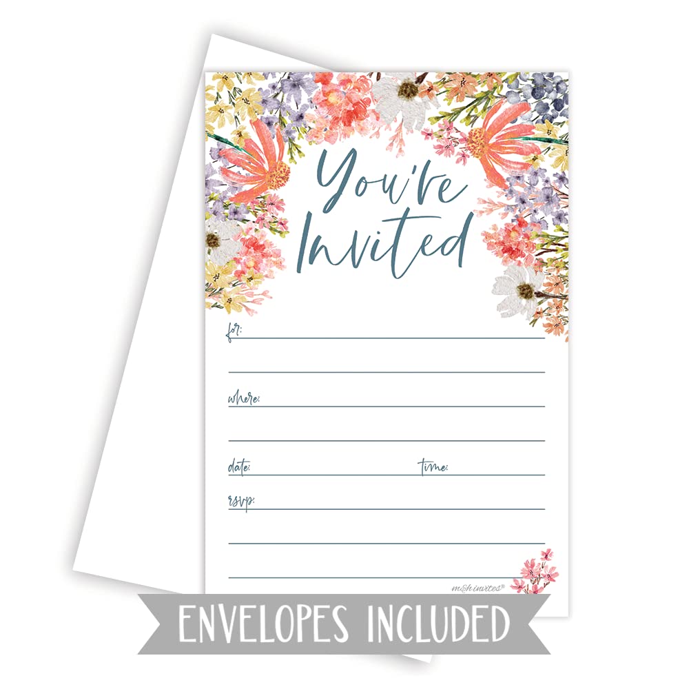 Wildflower Invitations With Envelopes (20 Count) - Floral Boho Garden Theme For Bridal Shower, 1st Birthday, Adult Birthday, Brunch or Baby Shower