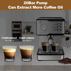 Geek Chef Espresso Machine 20 Bar Pump Pressure Cappuccino latte Maker Coffee Machine with ESE POD filter&Pressure gauge, 1.5L Water Tank 950W, Silver