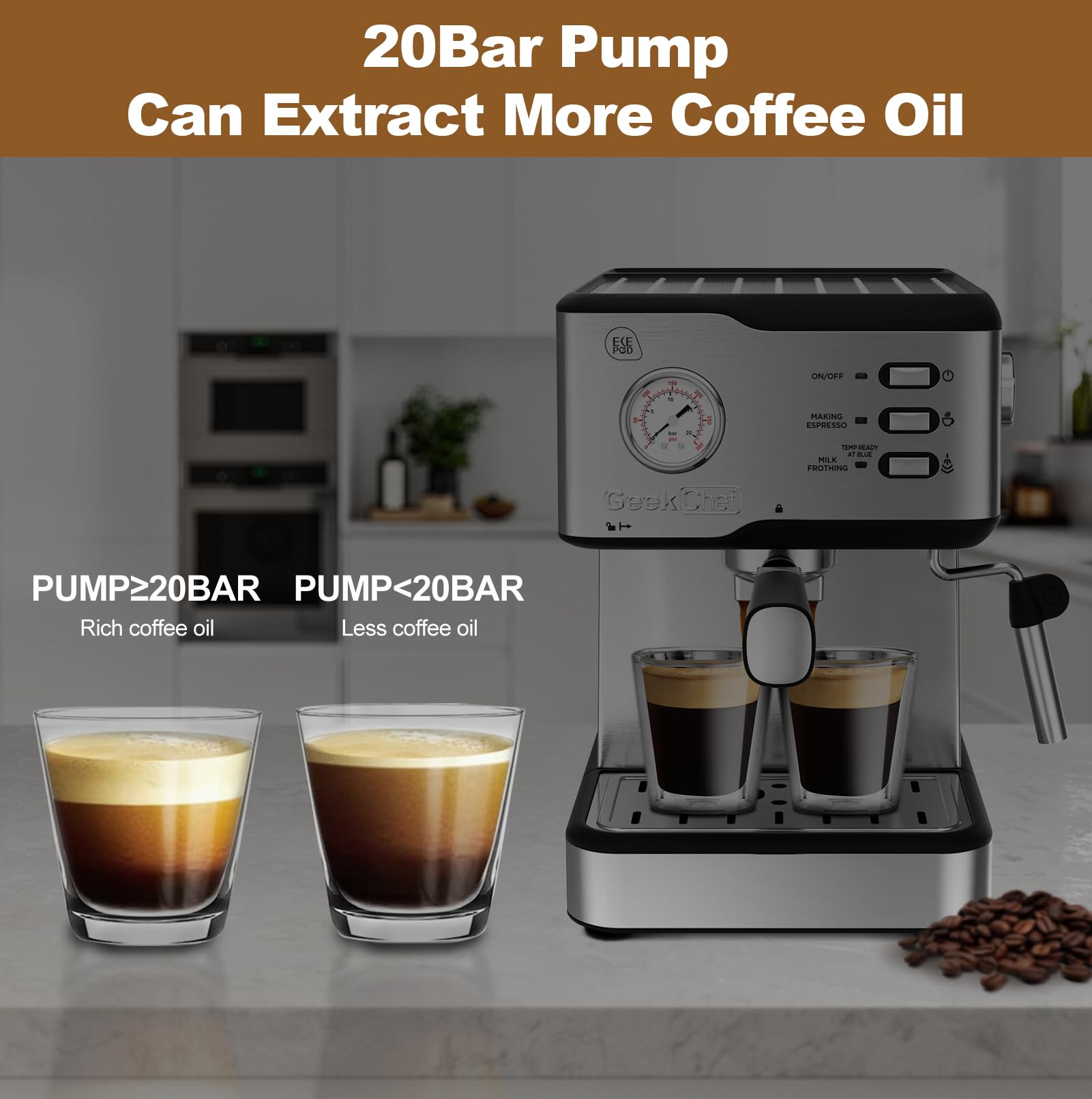 Geek Chef Espresso Machine 20 Bar Pump Pressure Cappuccino latte Maker Coffee Machine with ESE POD filter&Pressure gauge, 1.5L Water Tank 950W, Silver