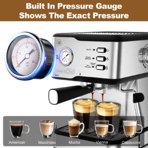 Geek Chef Espresso Machine 20 Bar Pump Pressure Cappuccino latte Maker Coffee Machine with ESE POD filter&Pressure gauge, 1.5L Water Tank 950W, Silver