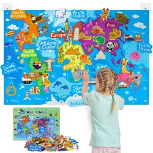 Taika World Felt Set, Felt World Map with World Famous Sights, Educational Play Mat Flannel Board Set, 43x28 inch Preschool Learning Flannel Board