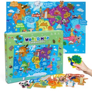 Taika World Felt Set, Felt World Map with World Famous Sights, Educational Play Mat Flannel Board Set, 43x28 inch Preschool Learning Flannel Board