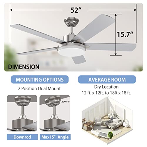 Regair 52 Inch Modern Brushed Nickel Ceiling Fan with Light and Remote Control, Dimmable and Adjustable Color Temperature