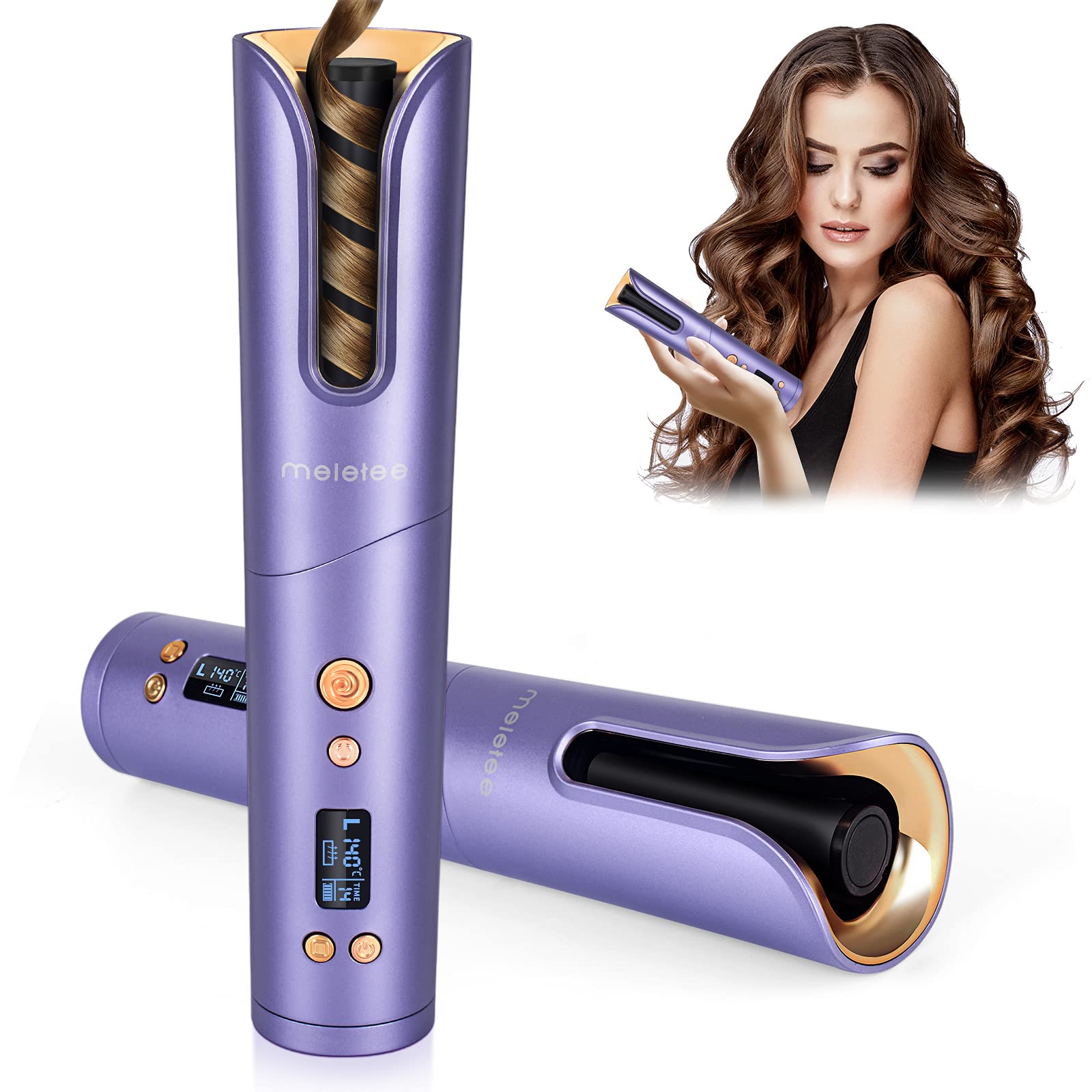 Meletee Cordless Unbound Auto Hair Curler, 9600mAh Super Long Standby Automatic Curling Iron with LCD Display, Portable USB Rechargeable Rotating Ceramic Barrel Hair Curler